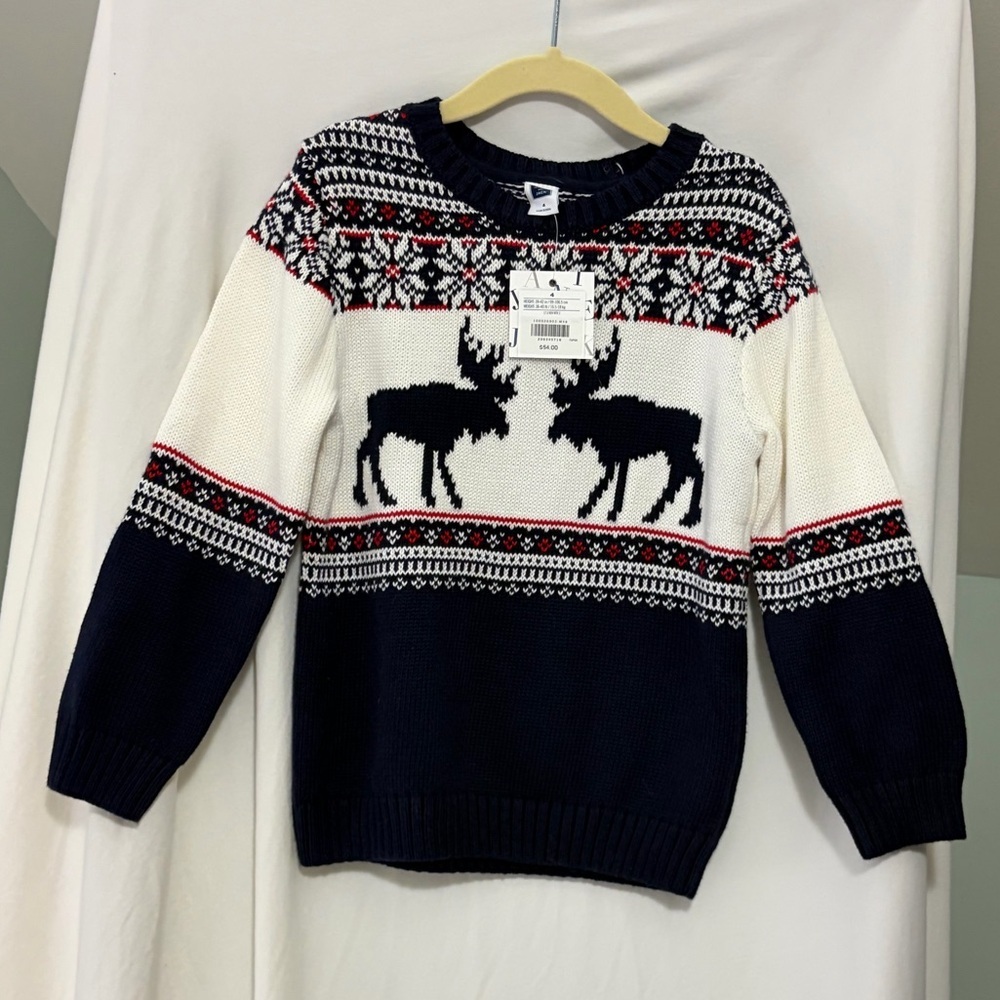 NWT Janie & Jack  Navy and White Crewneck Sweater with Moose Design size boys 4